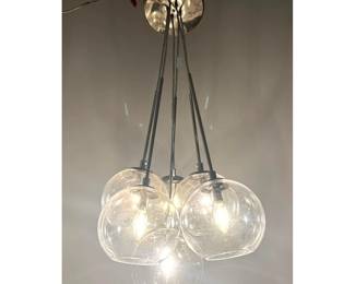 Lot 1481 West Elm 6 Light Cluster Pendant Chandelier. Clear Glass Globe Shades and Polished Chrome Hardware.