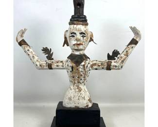 Lot 1972 Burmese Polychrome Carved Wood Nat Spirit Figure with Metal Accents on Block Base