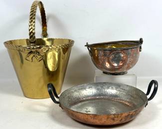 Lot 1988 Assortment of Decorative Metalware featuring Brass Ribbon Motif Basket and Hammered Copper Vessels w