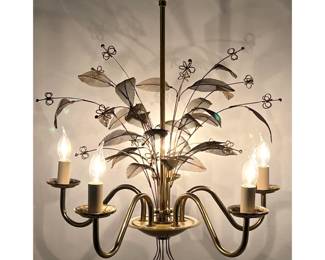 Lot 1523 Good Modernist Chandelier Pendant Lamp. 5 Light Brass and Wire Mesh Botanical Chandelier with Floral