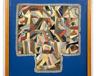 Lot 1949 Victorian Silk and Velvet Crazy Quilt Fragment Framed Under Glass with Lace Border.