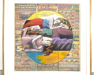 Lot 1646 Large Format Mixed Media Painting Figurative Work on Found Newsprint Substrate Featuring F.C. Kerbec