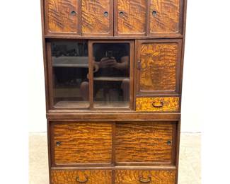 Lot 1745 Large 2pc Japanese Antique Chadansu Tea Cabinet. Keyaki wood drawer and door fronts. Sliding glass p