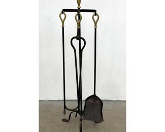 Lot 1790 4pc Brass and Iron Fireplace Tool Set. Black Iron Stand Holds 3 Tools with Brass Handles.