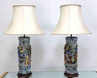 Lot 1777 Pair Chinese Shiwan Style Glazed Ceramic Table Lamps with High Relief Figures and Flora on Wooden Pl