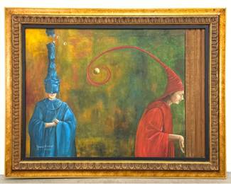 Lot 1580 Ignacio Basauri Chilean Surrealist Painting on Canvas depicting figures in blue and red robes with g