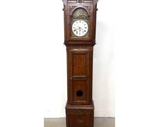 Lot 1675 19th Century French Oak Long Case Clock by Th Kaiser with Brass Repousse Mask. Inlaid case.