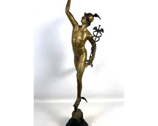 Lot 1932 40 Tall Cast Brass Mercury Figural Statue. Zephyr Head and Marble Base. After Giambologna