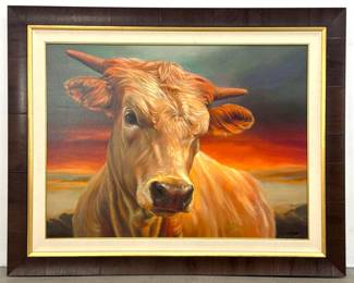 Lot 2000 Large Teresa Elliott Giclee Print on Canvas Bovine Portrait Numbered 195 Signed in Large Format Fra