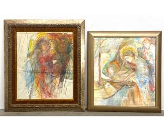 Lot 1459 2 Artist Signed mixed media paintings on paper including Conversacion de Angelus and a Nativity scen