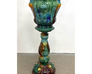 Lot 1989 Large 2pc Majolica Glazed Ceramic Jardiniere, Pedestal. Rococo Revival Relief Decoration. Appears to