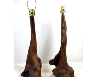 Lot 1500 2pc Natural Wood Root Table Lamps. Possibly cypress root. Sculptural form.