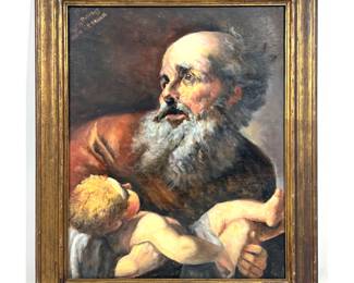 Lot 1947 W. A. RITCHEY Oil Painting Older Man carrying Infant. Inscribed after P. Brandl. Oil on Wood Panel