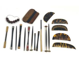 Lot 1862 Group of Vintage Japanese Meiji Era Kanzashi Hairpins and Kushi Combs. Makie Lacquer and Bekko Tort