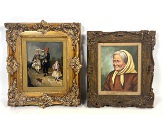 Lot 1937 2 Framed Oil Paintings including 1. Italian Genre Scene Inscribed M Vaccaro, Famiglia soto lo Piog
