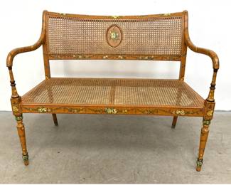 Lot 1582 Sarreid Ltd Painted and Caned Bench in the Sheraton Taste with Floral Polychrome Decoration and Rect