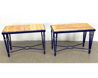 Lot 1507 Pair of Art Deco Style Cobalt Blue Painted Iron and Travertine Side Tables with Brass Collars