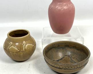 Lot 1890 3pc Rookwood Pottery lot including a 1919 swan relief vase a 1923 mottled glaze bowl and a 1928 matt