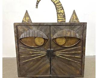 Lot 1587 Heavy Steel Brutalist Cabinet in The Form of Stylized Cat. After Paul Evans.