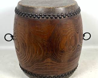 Lot 1750 Japanese Miyadaiko Taiko Drum. Solid Carved Keyaki Wood with Double Row Iron Studs and Ring Handles