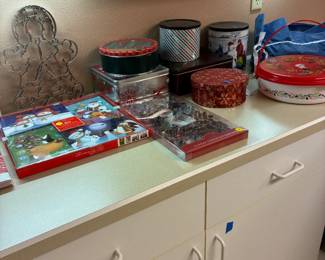 Christmas cards, cookie cutters, tins, Santa Claus large gift bag