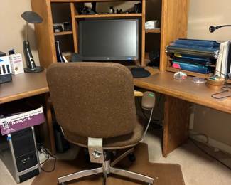 Corner oak desk with keyboard and hutch , office supplies