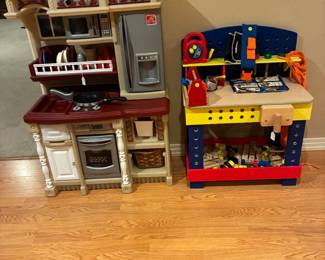 Children's kitchen and workbench with tools