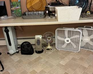 Fans, heaters, Farberware grill, serving platers