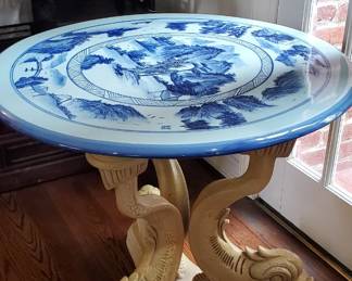 Rare Porcelain Asian Table Top on Dolphin Base
