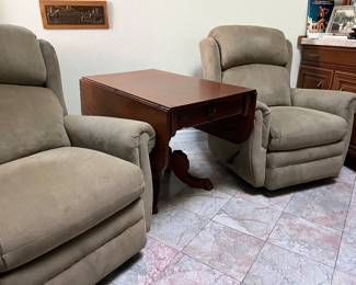 2 LANE recliner lounge chairs also a Restored Antique Drop Leaf Table solid mahogany 22” x 38 1/2” that expands to 48” when the drop leaves are raised. 27” tall. 4 Carved Lyon Feet on pedestal base.