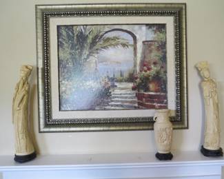 Framed reproduced oil painting and faux ivory sculptures