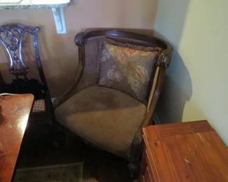 Chair, large and comfortable. Dining room table.