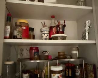 Kitchen Cabinet Assortment with Tiered Organizers and Scale
