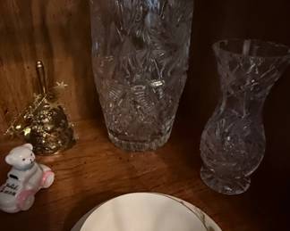 Group of Assorted Decorative Glass and Porcelain including Crystal Vases, Bell, Figurine, and Teacup Set