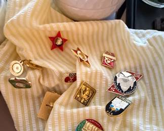 Collection of Assorted Estate Items including American Family Scale, Quartz Clock, Golf Ball Coin Bank, Soviet Pins, and Cassette Tapes third image