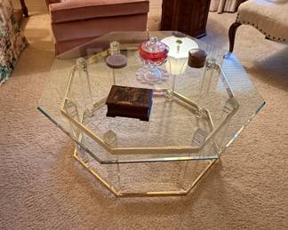 Charles Hollis Jones Style Octagonal Glass and Lucite Coffee Table