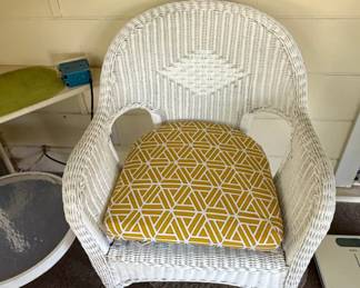 Vintage White Wicker Barrel Chair with Diamond Weave Back