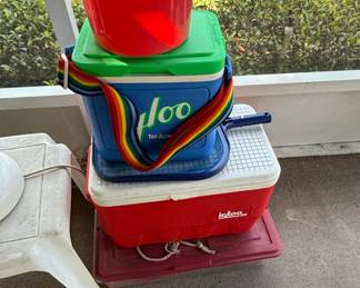 Igloo TagAlong Cooler with Rainbow Strap and Red Igloo Cooler Lot