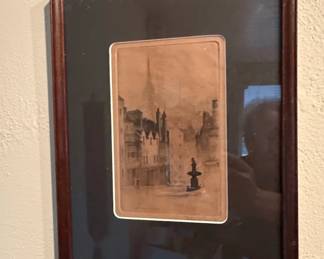Antique Etching of European Street Scene by Paul Geissler