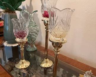 Set of Three Brass and Crystal Votive Candle Holders