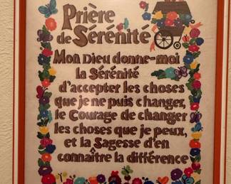 Vintage French Serenity Prayer Needlepoint Wall Art with Floral Border