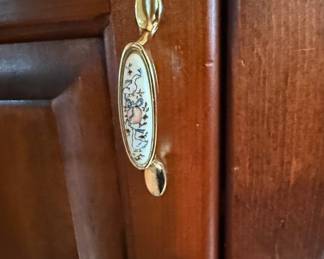 Vintage Porcelain and Brass Cabinet Pull with Geese Motif