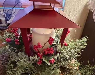 Red Metal Lantern with Frosted Greenery and Berry Arrangement