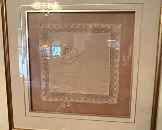 Framed Vintage Embroidered Lace Handkerchief