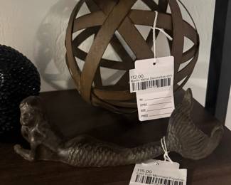 Rustic Metal Decorative Orb, Cast Iron Mermaid Figurine