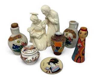 Small Ornate Pots, Plate, Porcelain Jesus Mary And Joseph