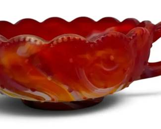 Imperial Red Slag Glass Handled Candy Dish UV Reactive