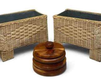 Wicker Elephants  Wooden Bowl w Lid