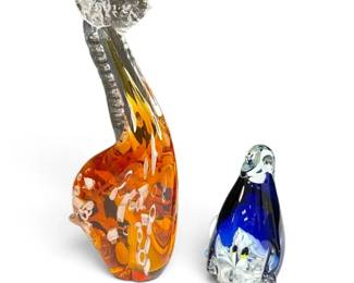 Vintage Fifth Avenue Crystal 10 Orange Giraffe  Blue Penguin Animal Art Glass