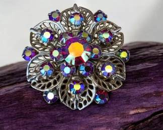 Vintage Aurora Borealis Filigree Floral Brooch